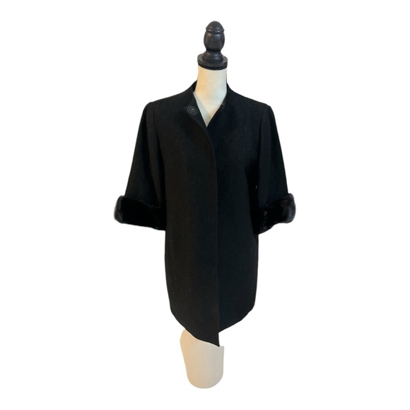 Elie Tahari 3/4 Sleeve Mink Cuff Black Wool Coat - Picture 6 of 14